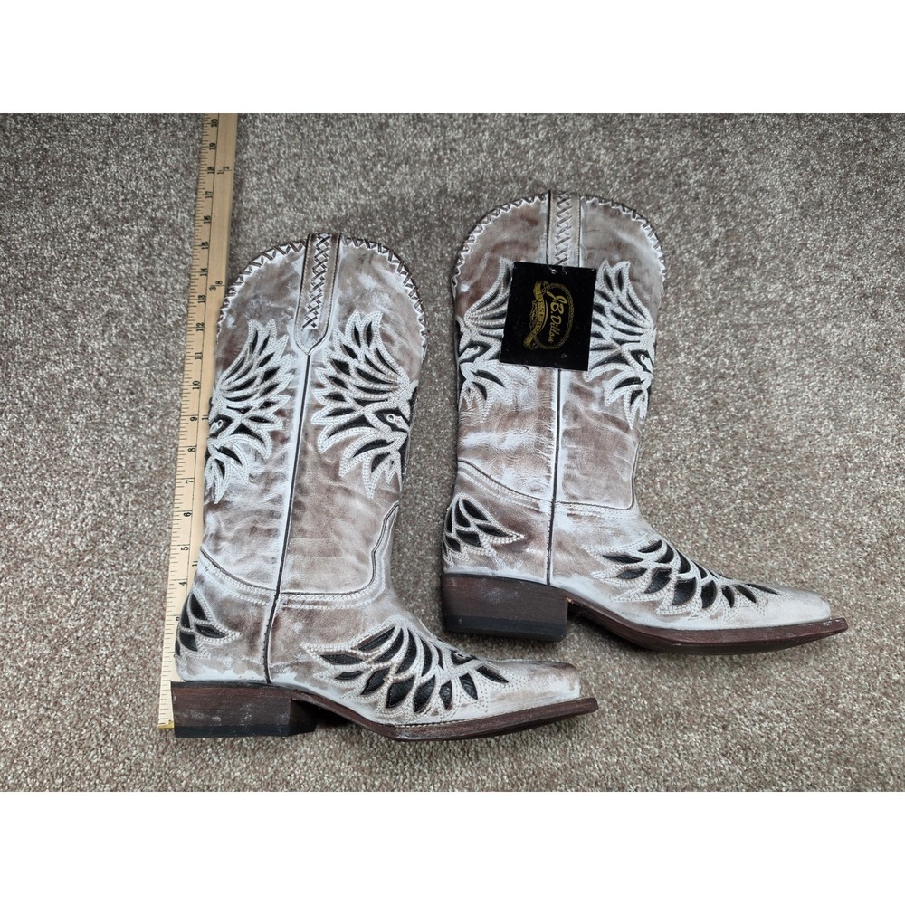 J B Dillon Reserve Womens Leather Cowboy Boots Distressed White Black 8B